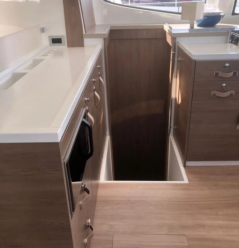 Galley of KEEP CALM, a Bali 4.4 catamaran at Capo d'Orlando, Italy