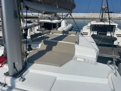 Deck of KEEP CALM, a Bali 4.4 catamaran at Capo d'Orlando, Italy