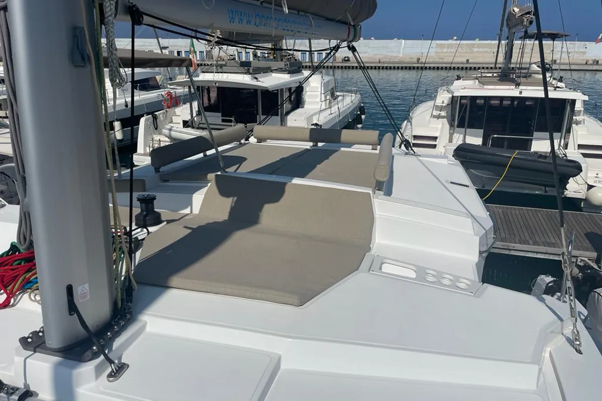Deck of KEEP CALM, a Bali 4.4 catamaran at Capo d'Orlando, Italy