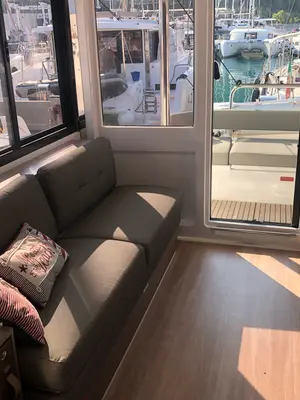 Salon of KEEP CALM, a Bali 4.4 catamaran at Capo d'Orlando, Italy