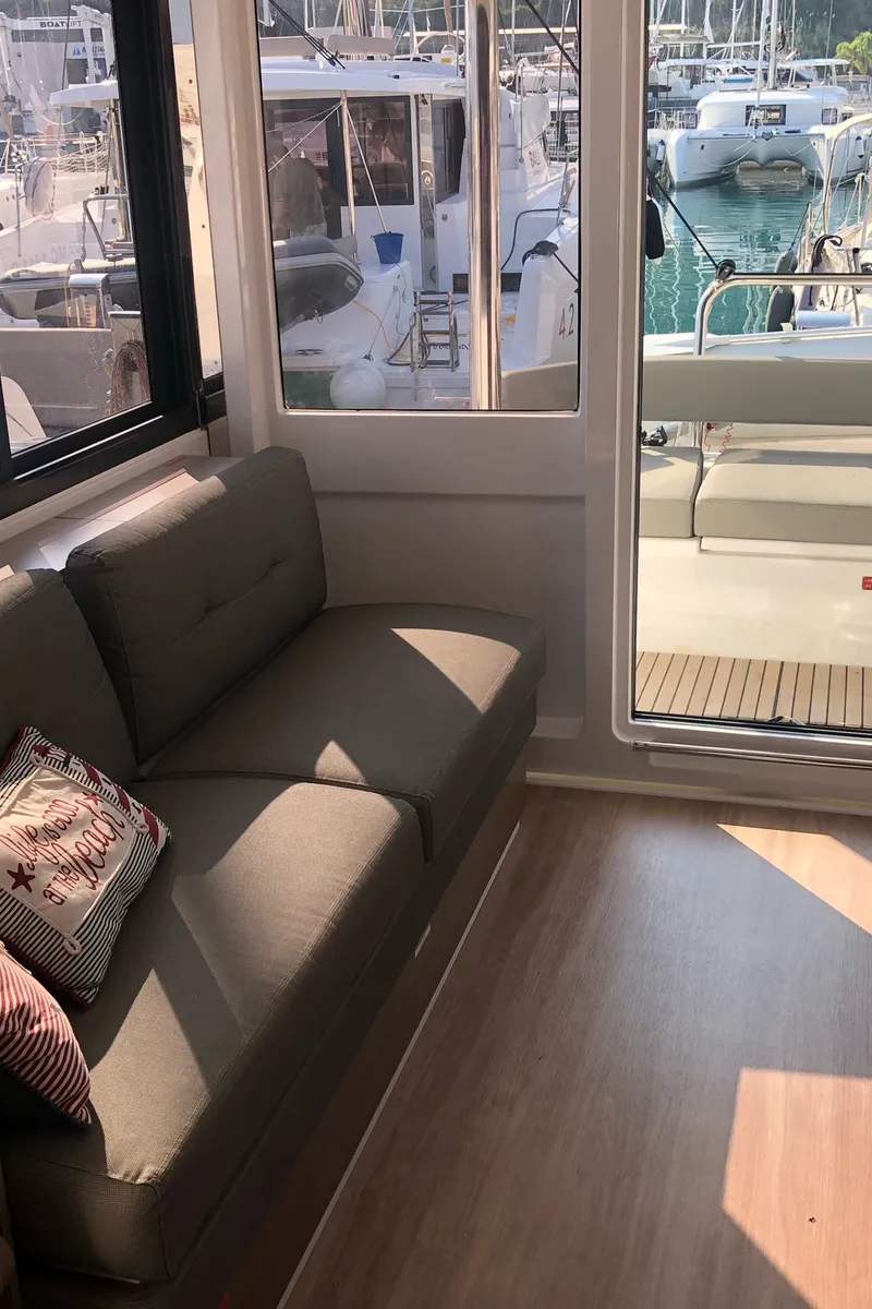 Salon of KEEP CALM, a Bali 4.4 catamaran at Capo d'Orlando, Italy