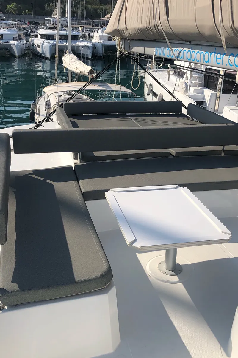 Deck of KEEP CALM, a Bali 4.4 catamaran at Capo d'Orlando, Italy