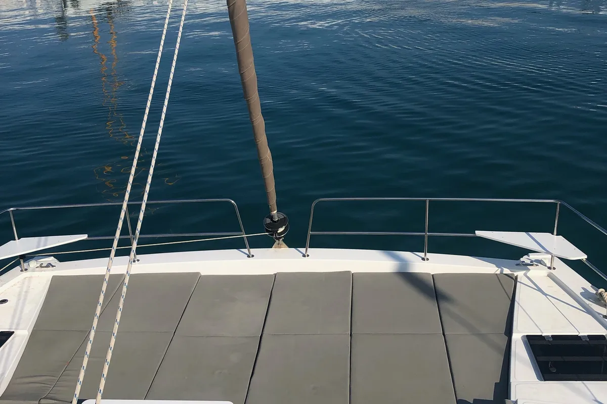 Deck of KEEP CALM, a Bali 4.4 catamaran at Capo d'Orlando, Italy