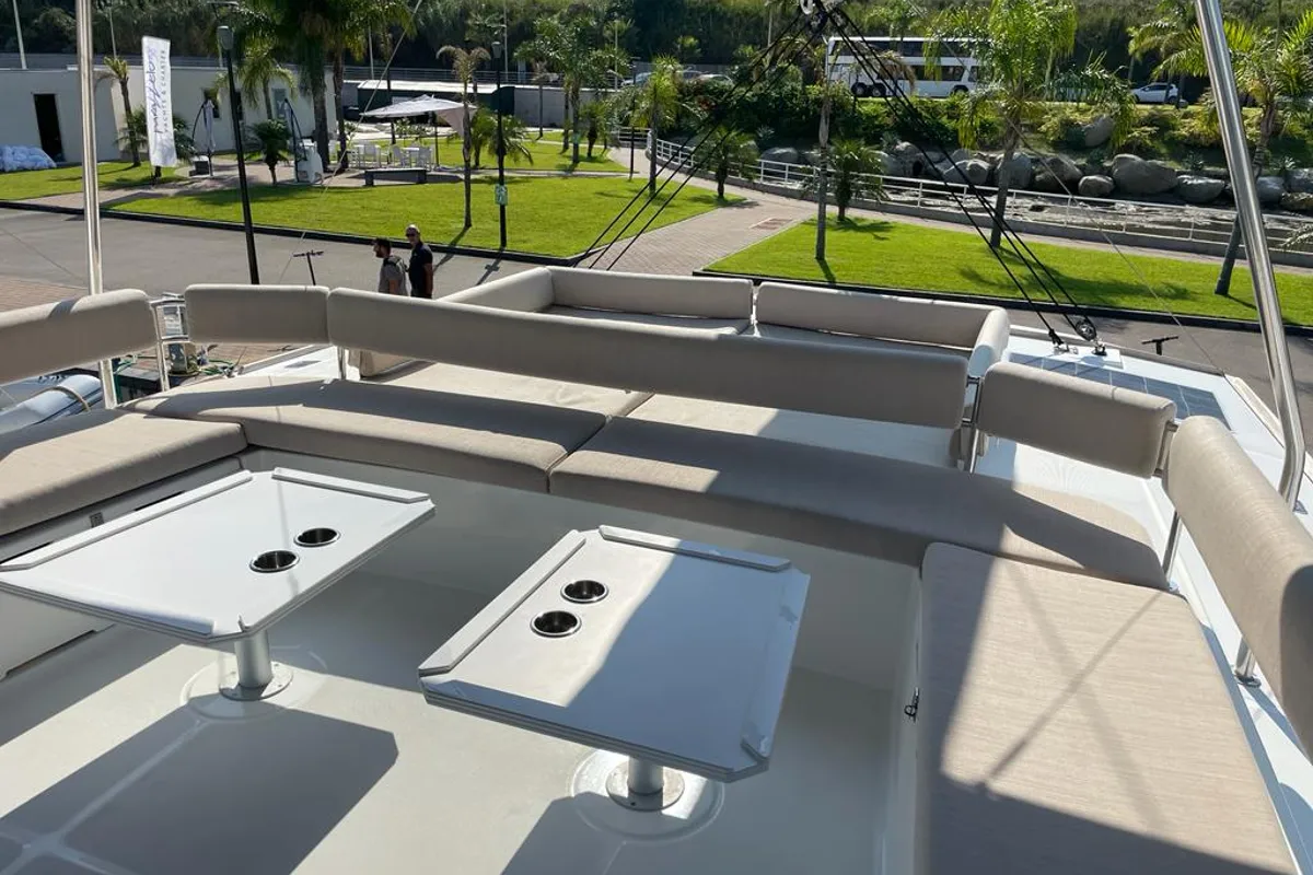 Deck of KEEP CALM, a Bali 4.4 catamaran at Capo d'Orlando, Italy