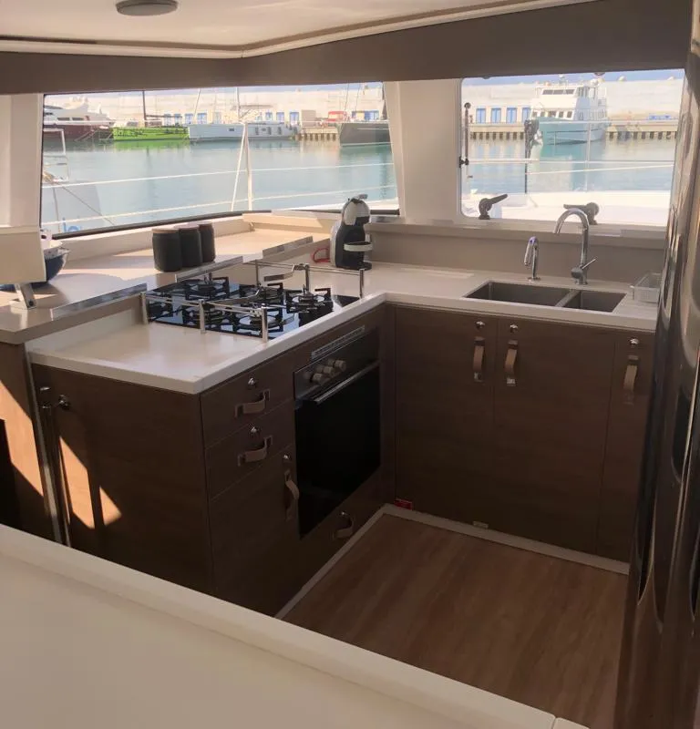 Galley of KEEP CALM, a Bali 4.4 catamaran at Capo d'Orlando, Italy