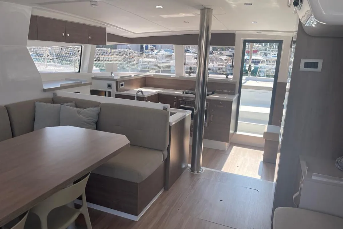 Salon of KEEP CALM, a Bali 4.4 catamaran at Capo d'Orlando, Italy