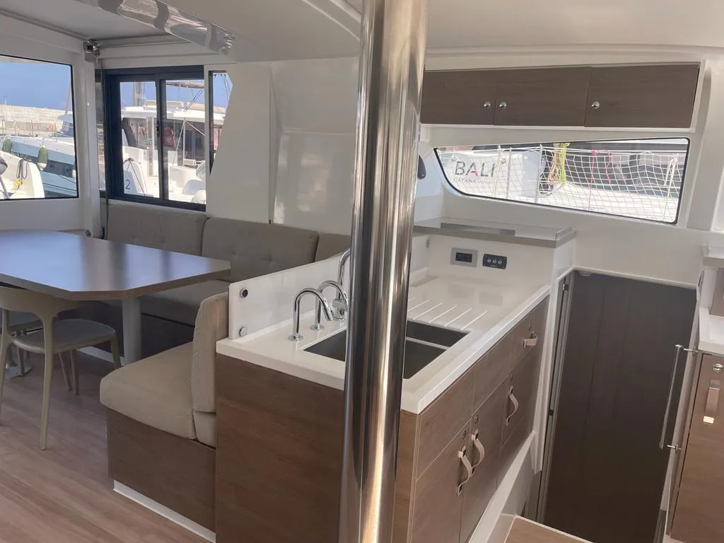 Salon of KEEP CALM, a Bali 4.4 catamaran at Capo d'Orlando, Italy