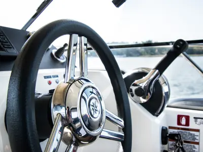 Cockpit of Balt 918 Titanium, a motorboat at Wilkasy, Poland