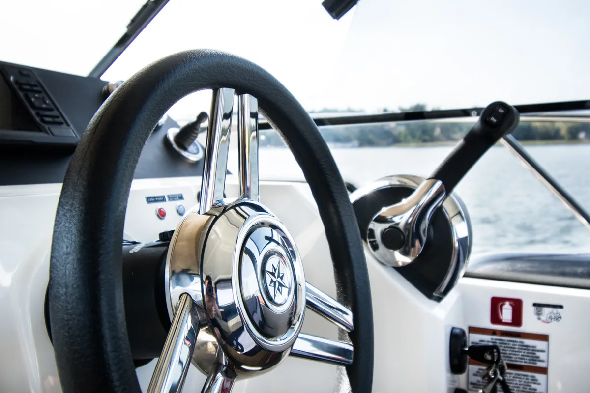Cockpit of Balt 918 Titanium, a motorboat at Wilkasy, Poland