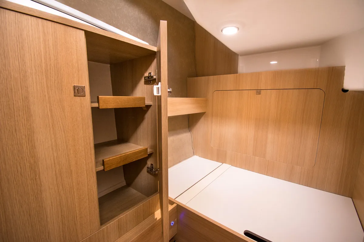 Cabin on Balt 918 Titanium, a motorboat at Wilkasy, Poland