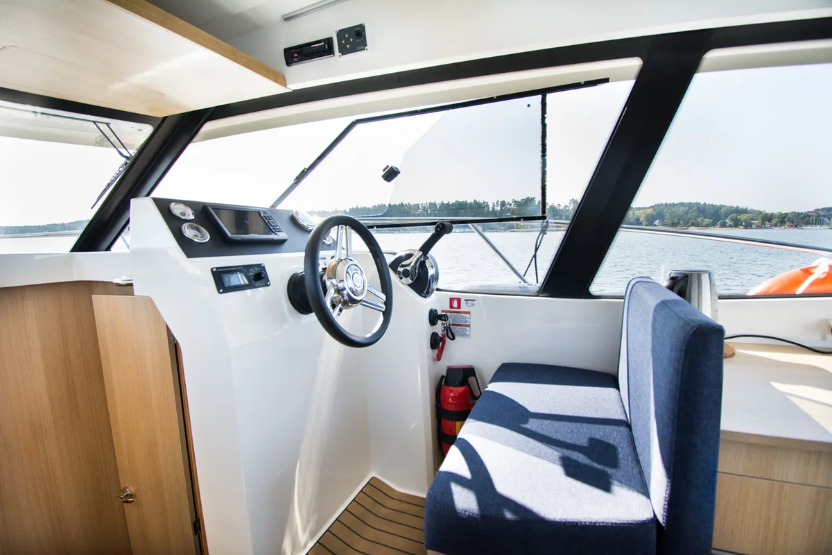 Cockpit of Balt 918 Titanium, a motorboat at Wilkasy, Poland