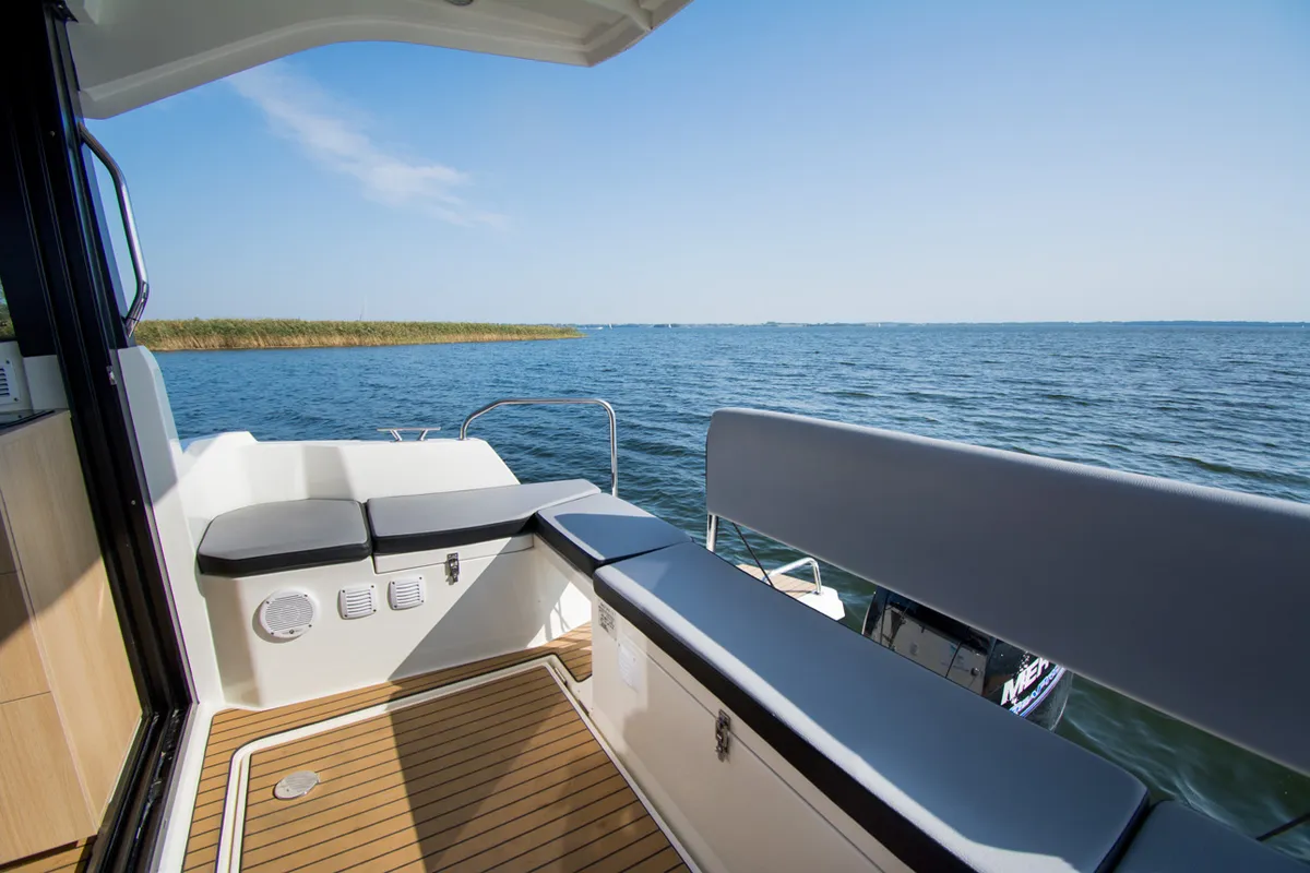 Deck of Balt 918 Titanium, a motorboat at Wilkasy, Poland