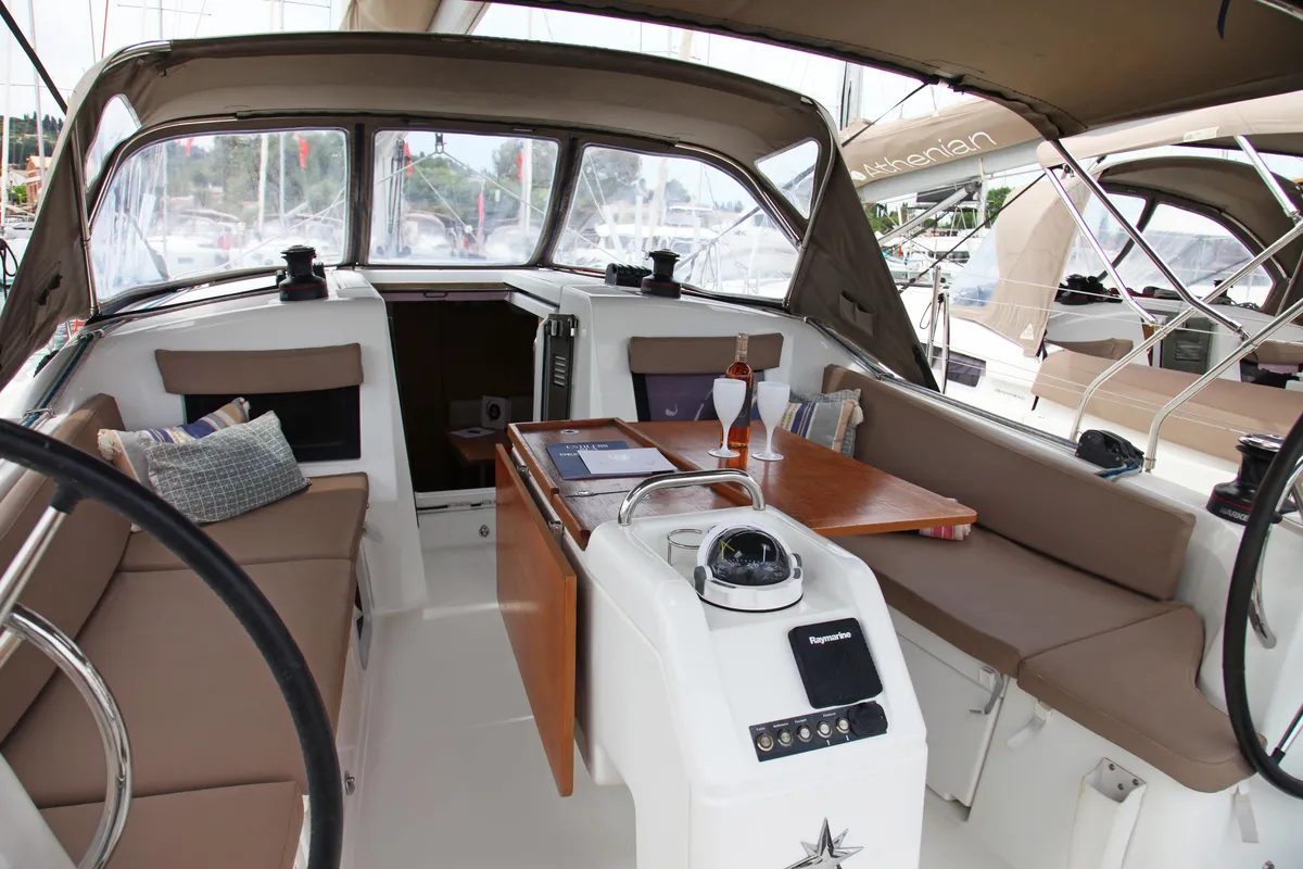 Cockpit of Konstantinos, a Jeanneau Sun Odyssey 410 sailboat at Ellomenos, Greece