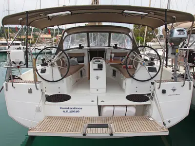Cockpit of Konstantinos, a Jeanneau Sun Odyssey 410 sailboat at Ellomenos, Greece