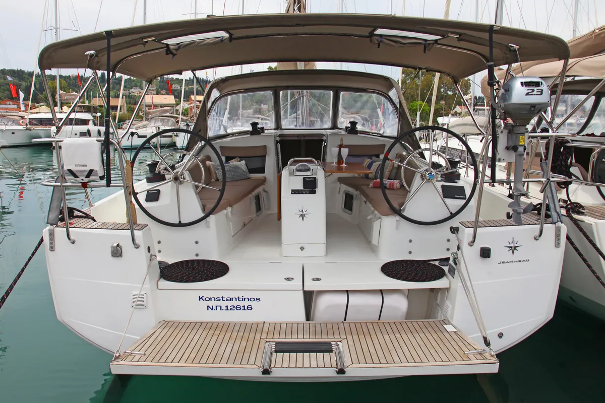 Cockpit of Konstantinos, a Jeanneau Sun Odyssey 410 sailboat at Ellomenos, Greece