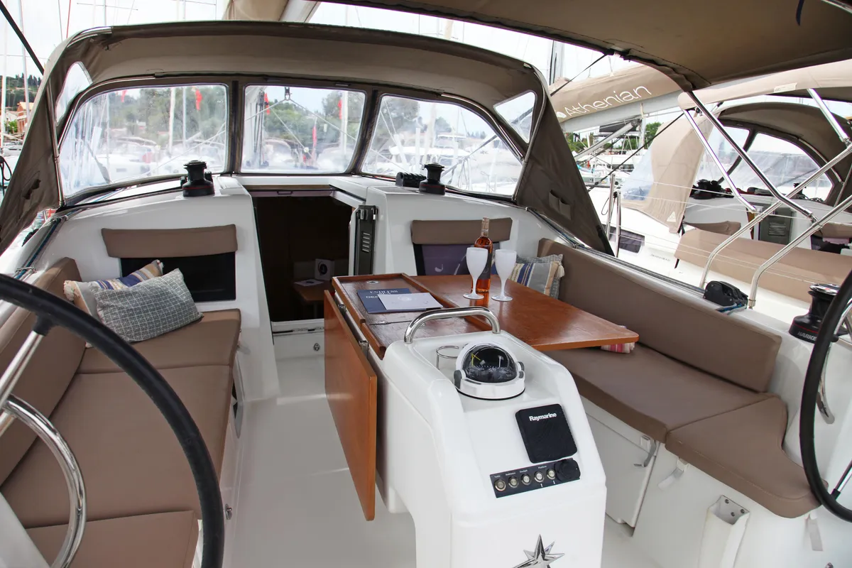 Cockpit of Konstantinos, a Jeanneau Sun Odyssey 410 sailboat at Ellomenos, Greece