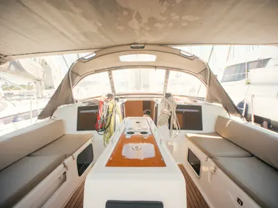 Cockpit of Nora, a Dufour 460 Grand Large sailboat at Olbia, Italy