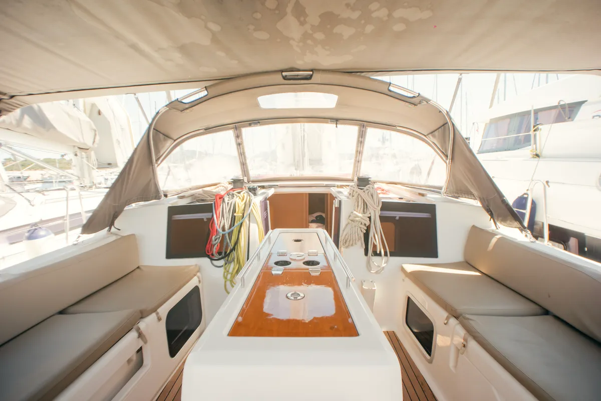 Cockpit of Nora, a Dufour 460 Grand Large sailboat at Olbia, Italy