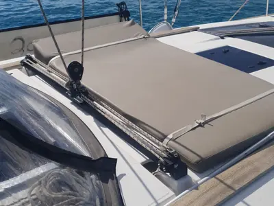 Deck of Nora, a Dufour 460 Grand Large sailboat at Olbia, Italy