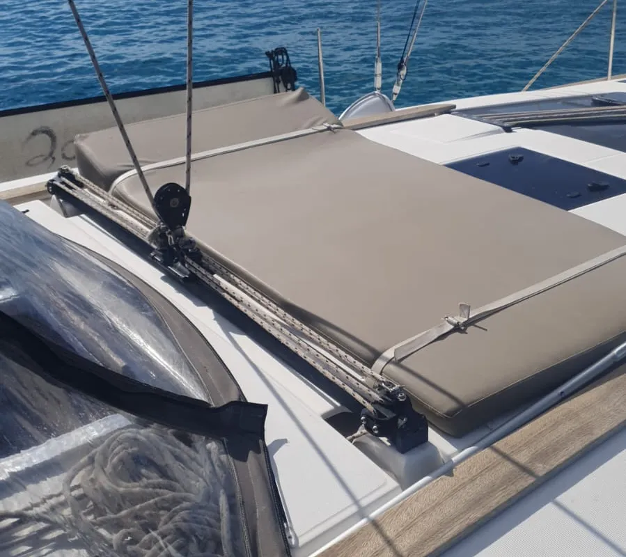 Deck of Nora, a Dufour 460 Grand Large sailboat at Olbia, Italy