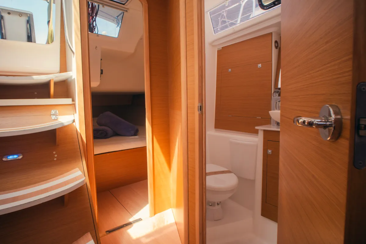 Nora, a Dufour 460 Grand Large sailboat at Olbia, Italy