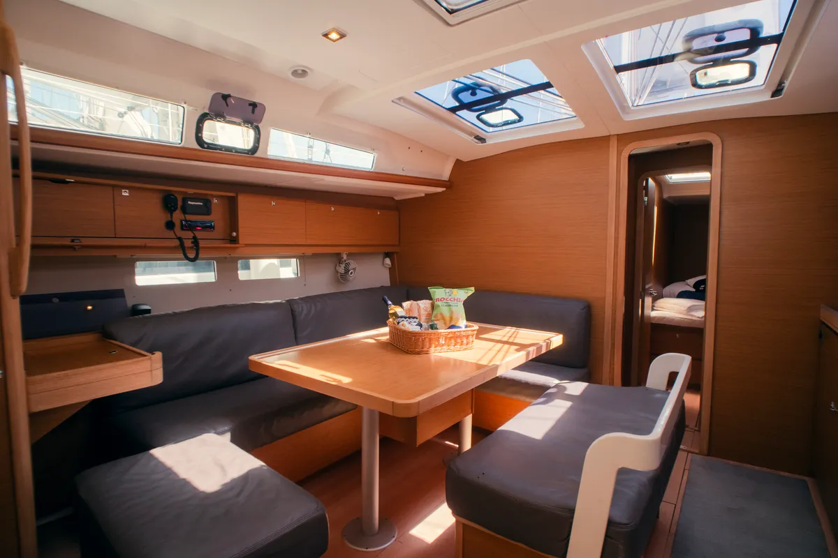 Salon of Nora, a Dufour 460 Grand Large sailboat at Olbia, Italy