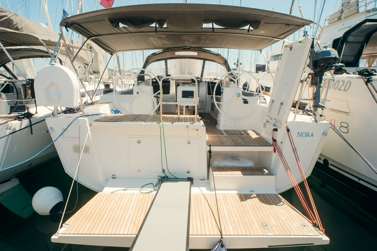 Exterior view of Nora, a Dufour 460 Grand Large sailboat at Olbia, Italy