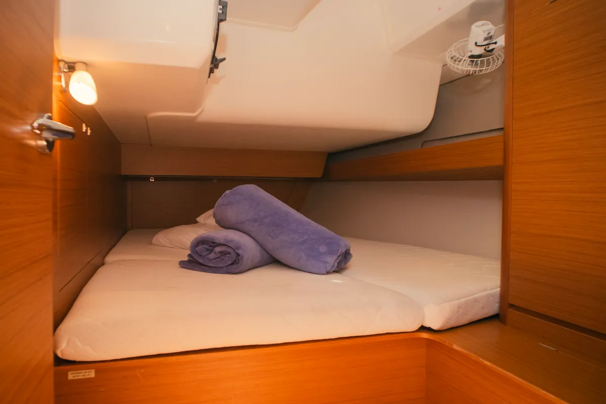 Cabin on Nora, a Dufour 460 Grand Large sailboat at Olbia, Italy