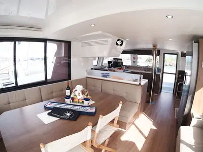 Cockpit of Ptarmigan, a Bali 4.4 catamaran at Central Abaco, Bahamas