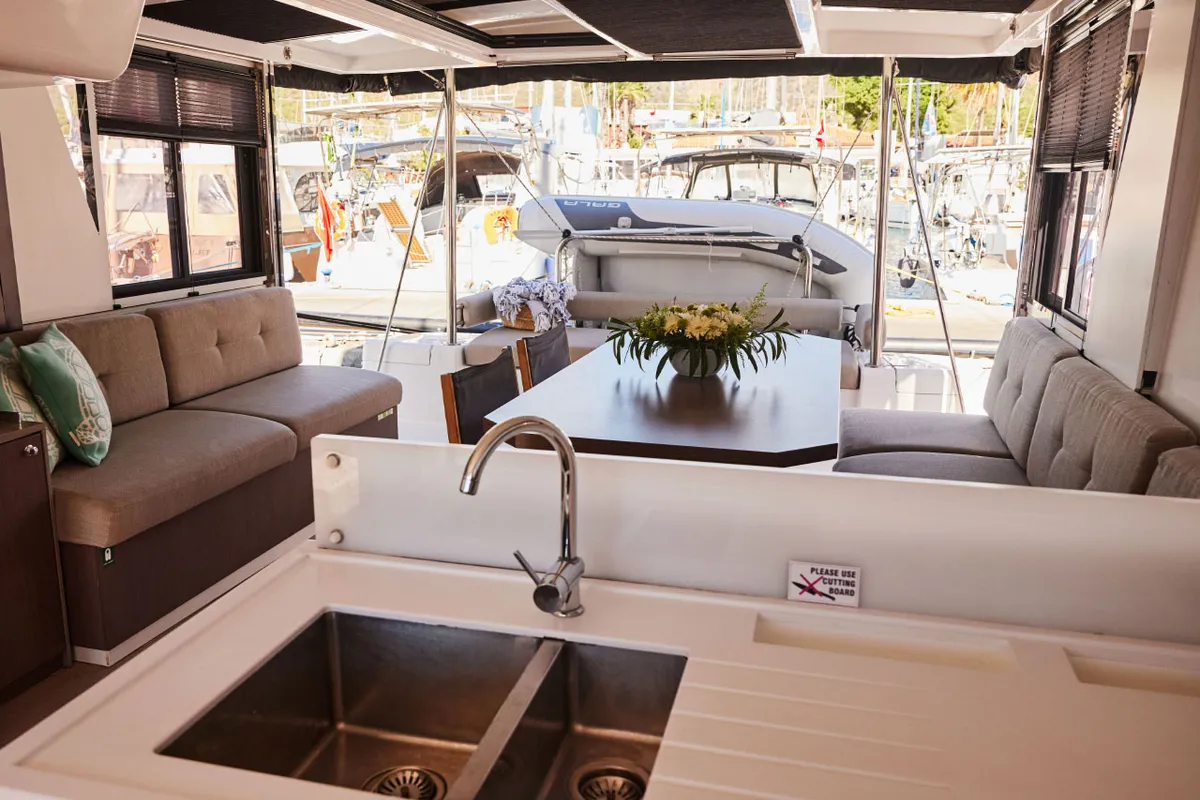Galley of Toddler, a Bali 4.2 catamaran at Marmaris, Turkey