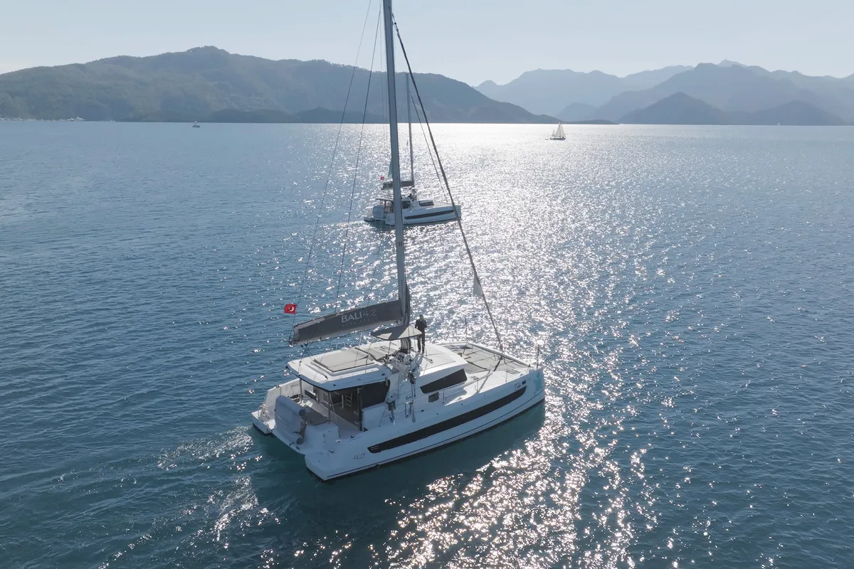 Exterior view of Toddler, a Bali 4.2 catamaran at Marmaris, Turkey