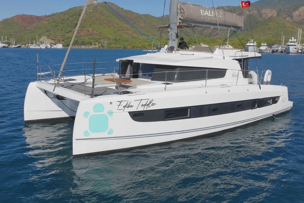 Exterior view of Toddler, a Bali 4.2 catamaran at Marmaris, Turkey