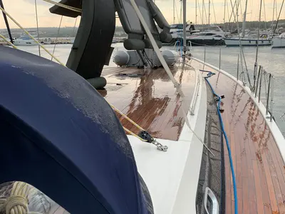 Deck of Ocean's Blue, a D&D Kufner 54 sailboat at Punat, Croatia