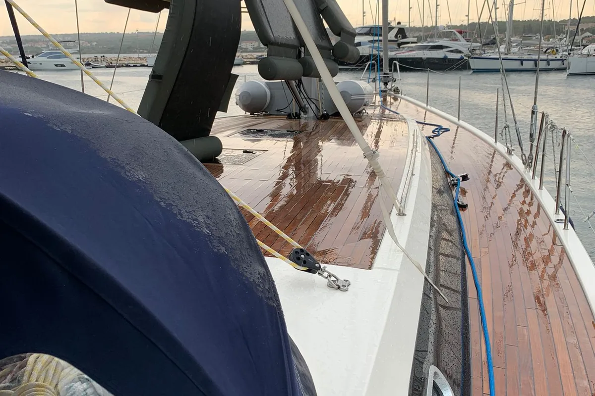 Deck of Ocean's Blue, a D&D Kufner 54 sailboat at Punat, Croatia