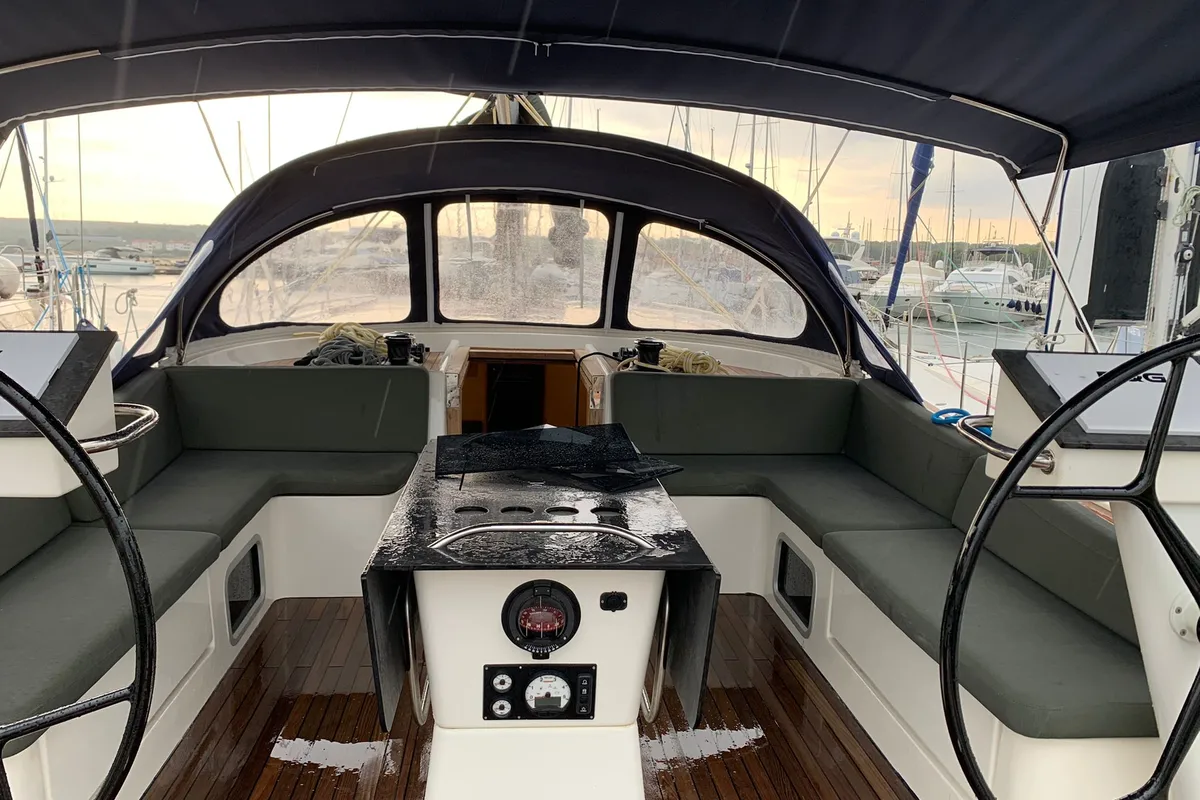 Cockpit of Ocean's Blue, a D&D Kufner 54 sailboat at Punat, Croatia