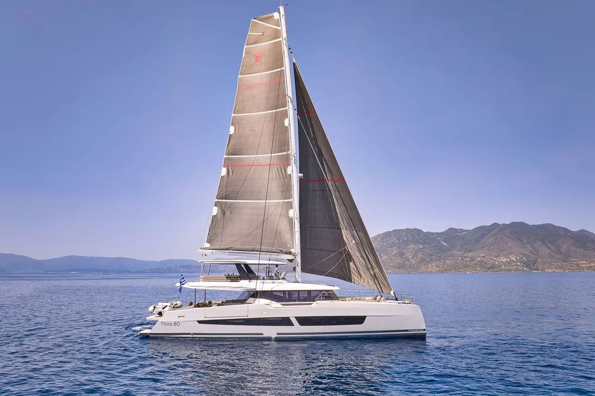 Aloia 80, a Fountaine Pajot Thira 80 catamaran at Municipal Unit of Nea Peramos, Greece