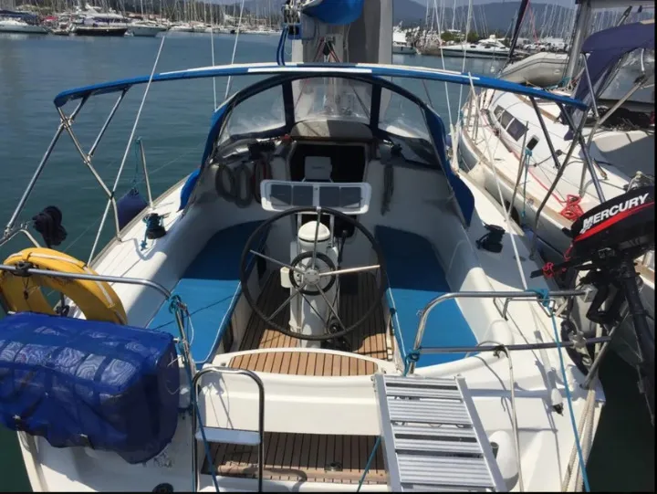 Cockpit of Iason, a Jeanneau Sun Odyssey 32 sailboat at Kontokali, Greece