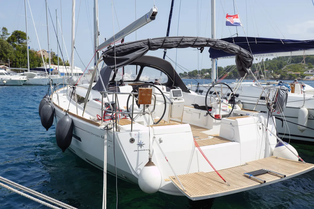 Cockpit of Tortuga, a Jeanneau Sun Odyssey 449 sailboat at Rogač, Croatia