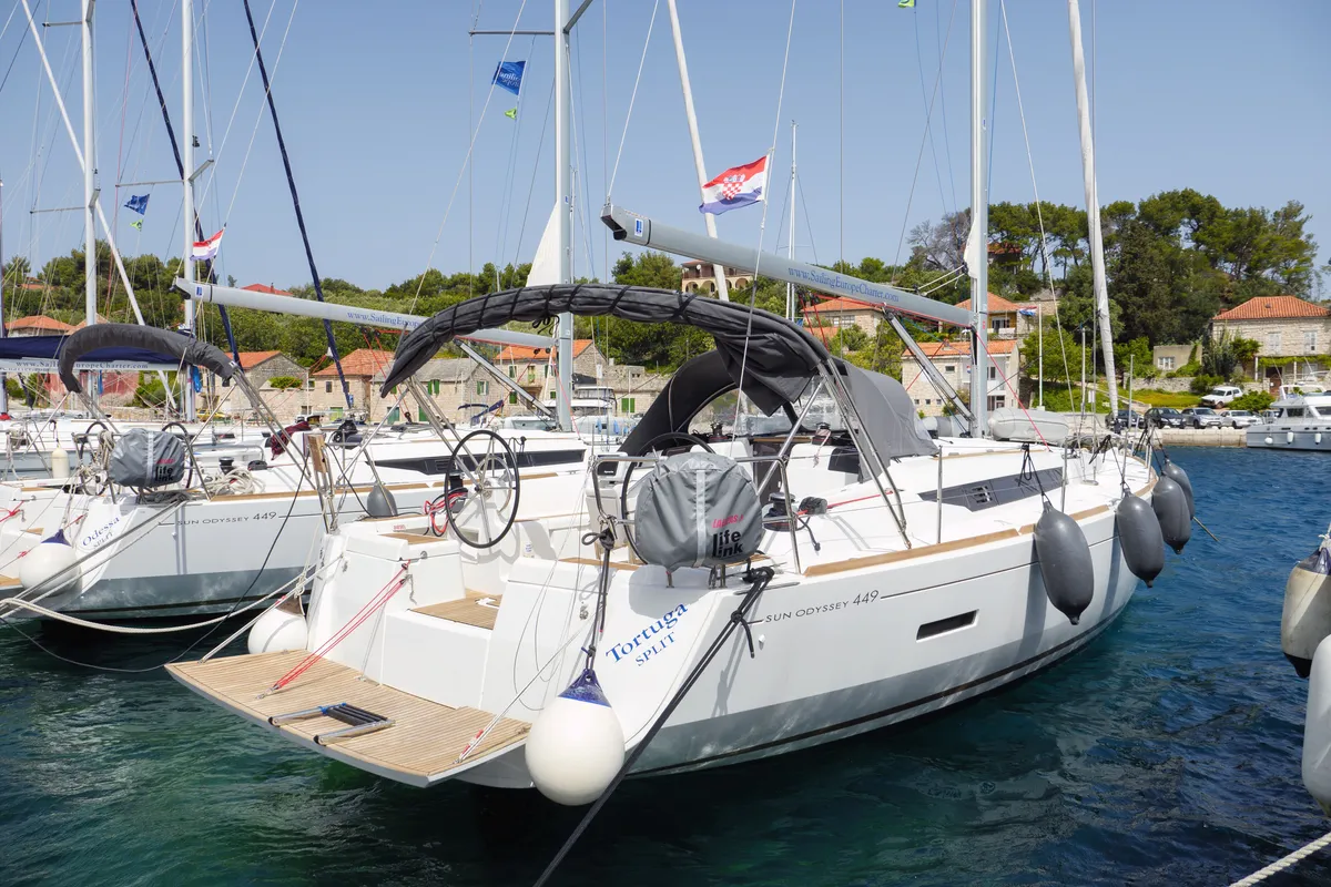 Exterior view of Tortuga, a Jeanneau Sun Odyssey 449 sailboat at Rogač, Croatia