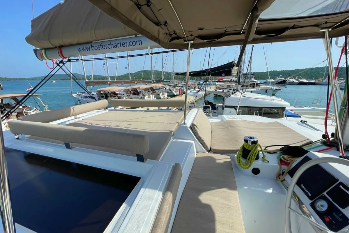 Deck of Sail and Adventure, a Bali 4.2 catamaran at Pirovac, Croatia