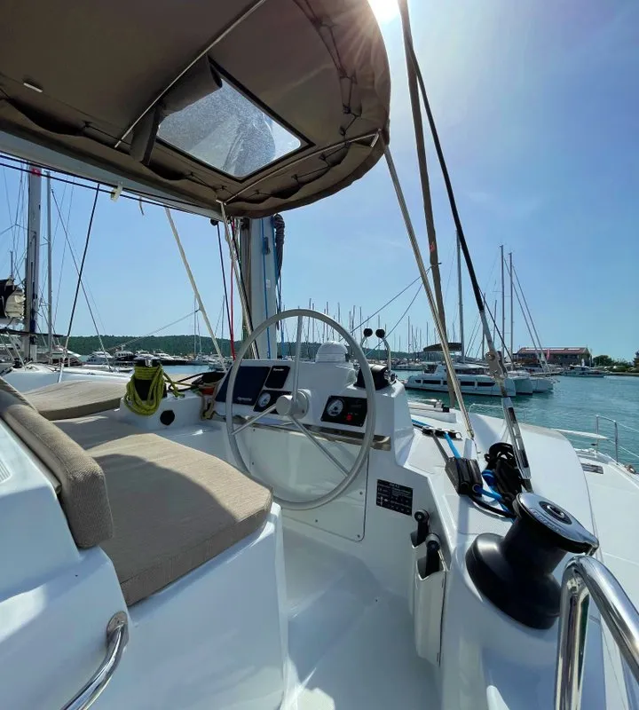 Cockpit of Sail and Adventure, a Bali 4.2 catamaran at Pirovac, Croatia