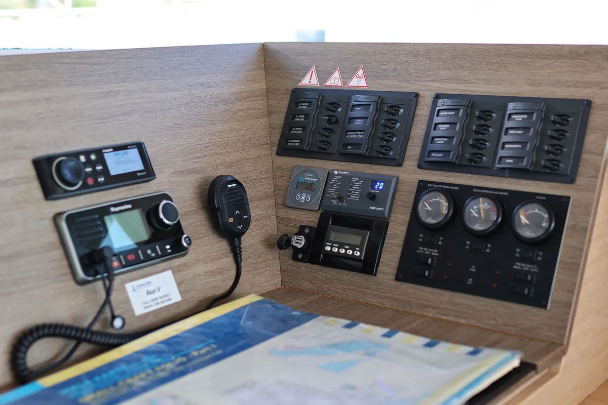 Cockpit of Rozi V, a Bali 4.5 catamaran at Općina Rogoznica, Croatia