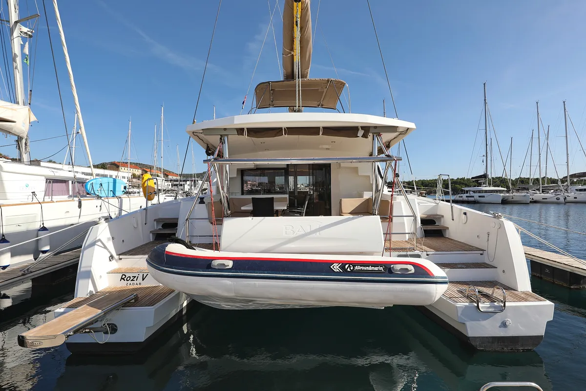 Exterior view of Rozi V, a Bali 4.5 catamaran at Općina Rogoznica, Croatia
