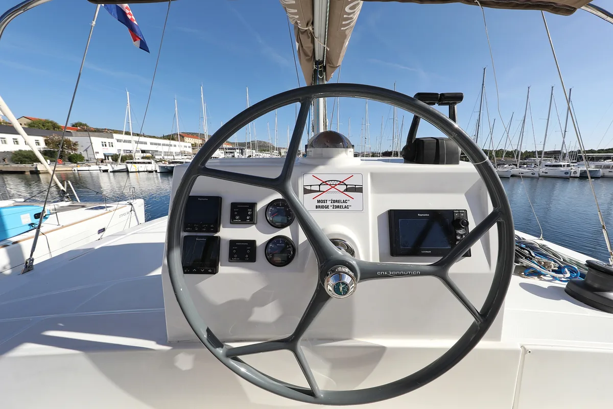 Cockpit of Rozi V, a Bali 4.5 catamaran at Općina Rogoznica, Croatia