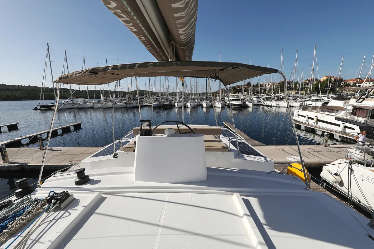 Cockpit of Rozi V, a Bali 4.5 catamaran at Općina Rogoznica, Croatia