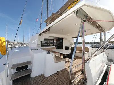 Deck of Rozi V, a Bali 4.5 catamaran at Općina Rogoznica, Croatia