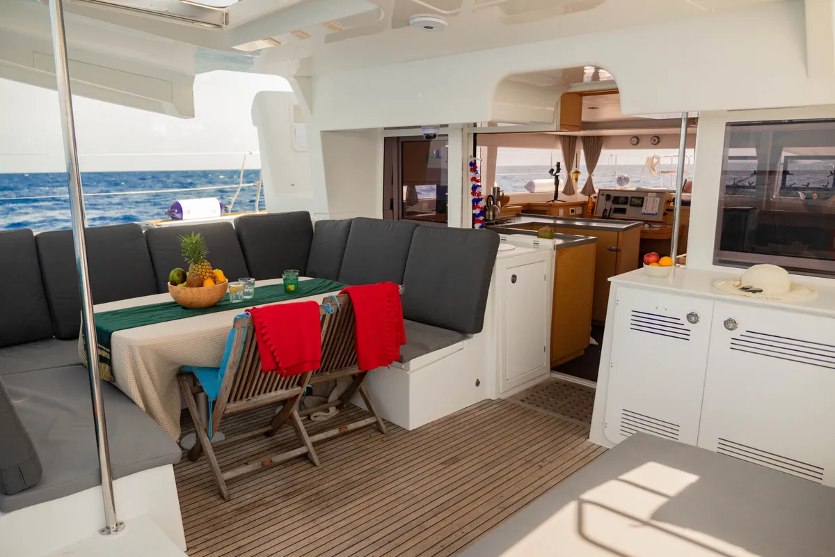 Deck of Butterfly, a Lagoon 450 F - 4 + 2 cab. catamaran at Azam Marina, Tanzania