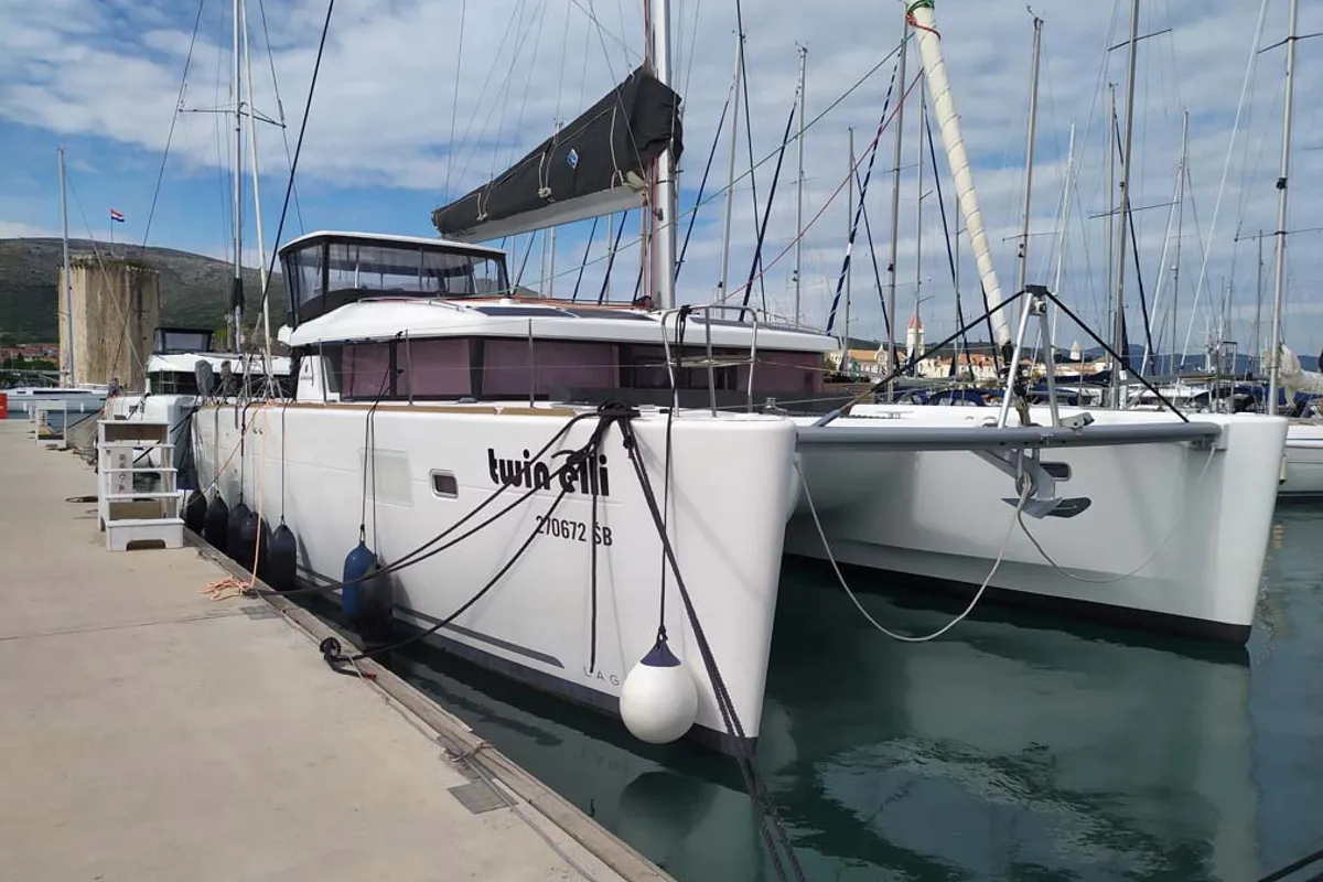 Exterior view of Twin elli, a Lagoon 450 S catamaran at Palma de Mallorca, Spain