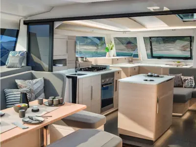 Galley of Emma Rose, a Fountaine Pajot FP 44 Quatuor catamaran at Parham Town, British Virgin Islands