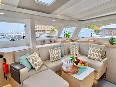 Salon of Emma Rose, a Fountaine Pajot FP 44 Quatuor catamaran at Parham Town, British Virgin Islands